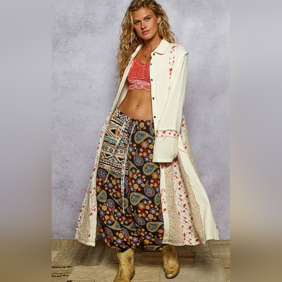 POL Jackets & Blazers - #761 POL Long Jacket In Double Gauze With Floral & Crochet Patchwork